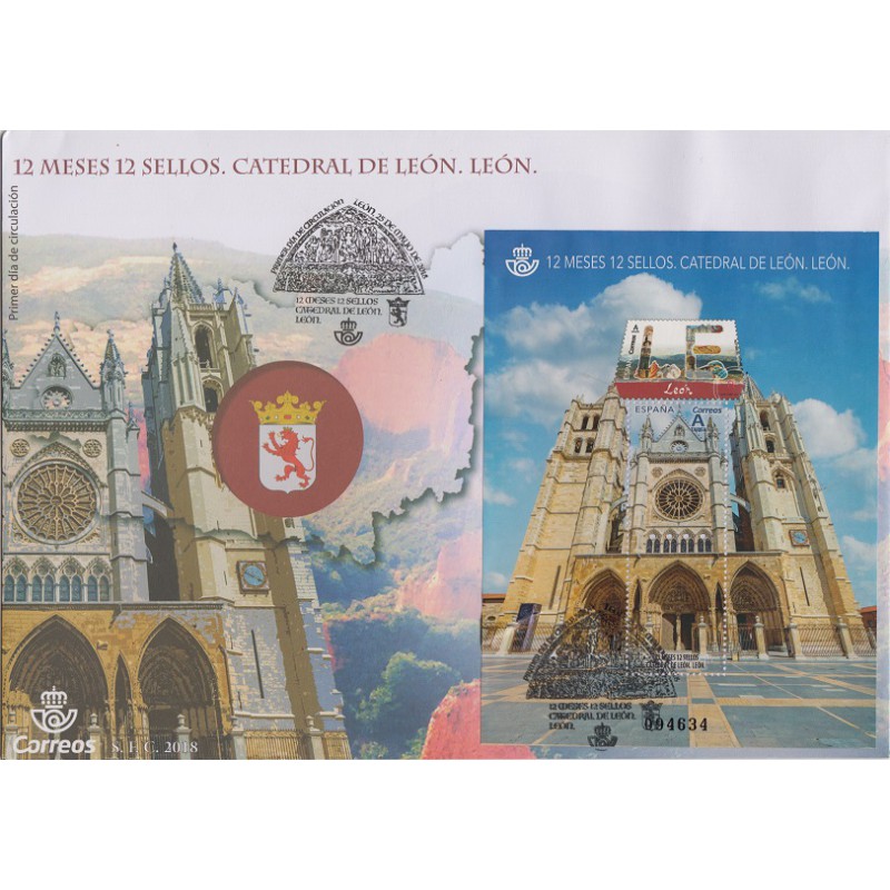 2018. Sobre matasellos León, 12 meses 12 sellos. Catedral. Primer Día