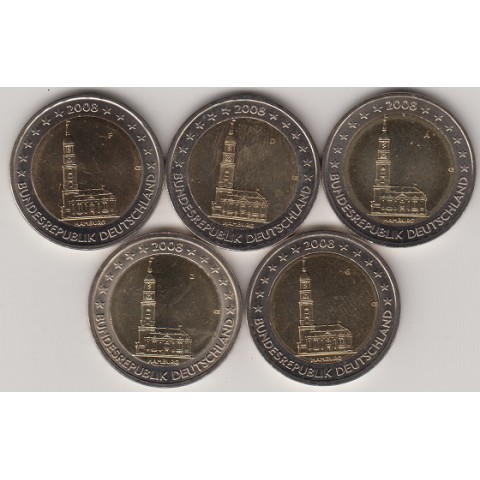 2008. 2 Euros Alemania "Hamburgo" 5 cecas
