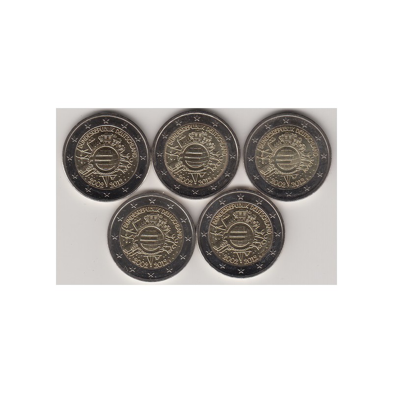 2012. 2 Euros Alemania "X Aniversario" 5 cecas