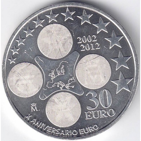 2012. Moneda 30 euros "X Aniversario euro"