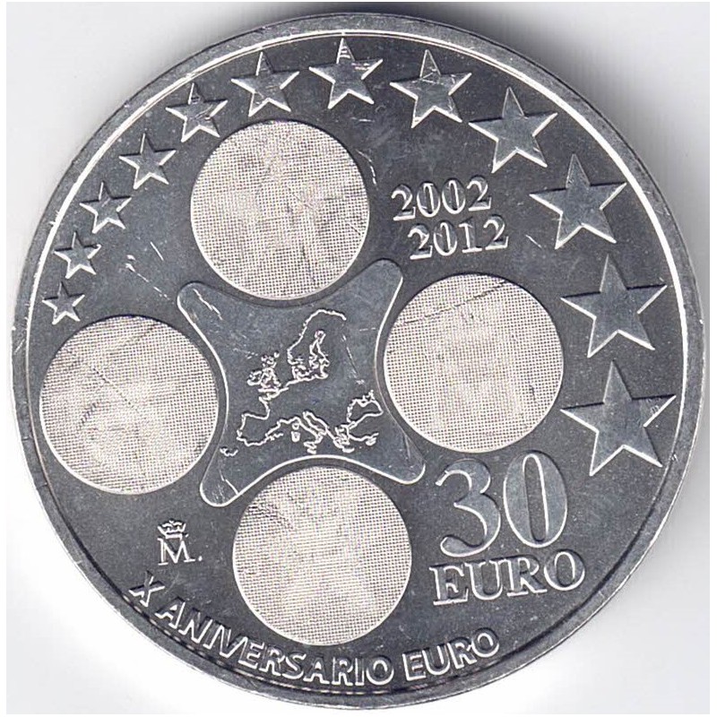 2012. Moneda 30 euros "X Aniversario euro"