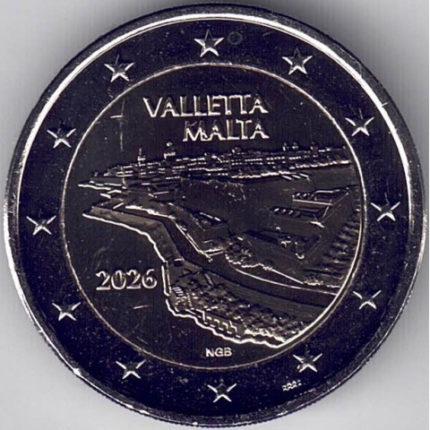 2026. 2 Euros Malta. La Valeta