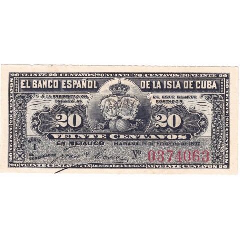 1897. 20 Centavos de Peso Banco Español de Cuba