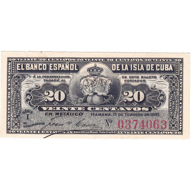 1897. 20 Centavos de Peso Banco Español de Cuba