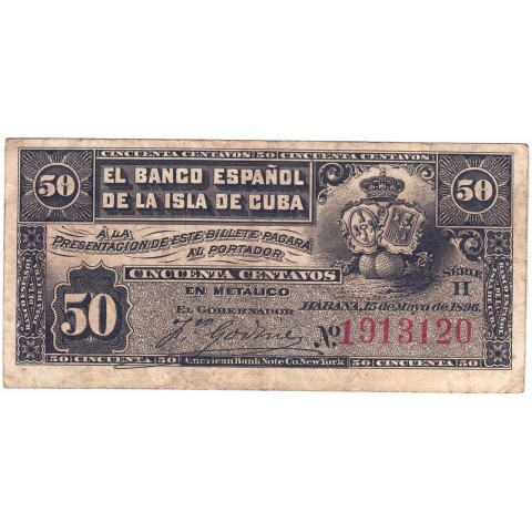 1896. 50 Centavos de Peso Banco Español de Cuba