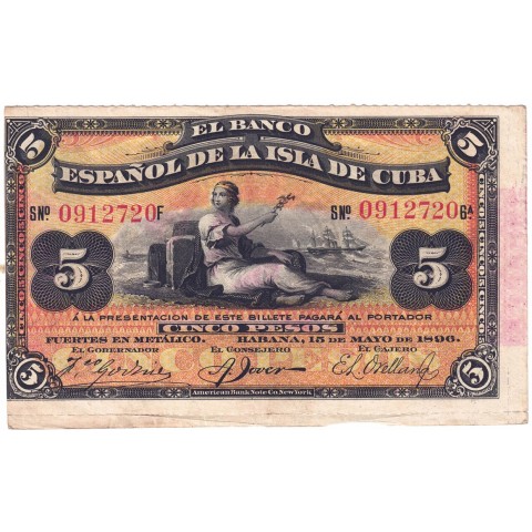 1896. 5 Pesos Banco Español de Cuba