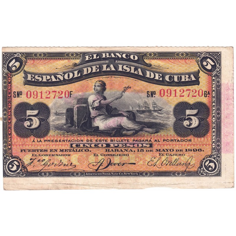 1896. 5 Pesos Banco Español de Cuba